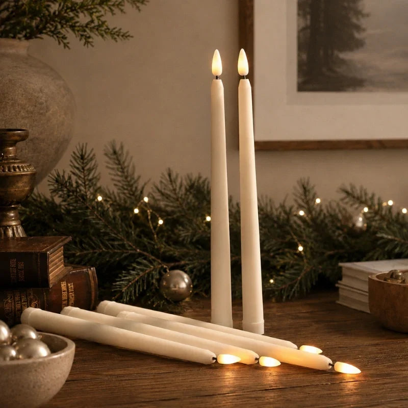 Flameless LED candle tapers for chandelier lighting in slim design, available in customizable finishes, offered in 4, 6, or 10 5