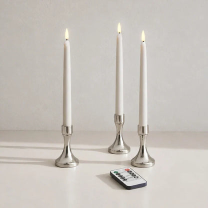 Flameless LED candle tapers for chandelier lighting in slim design, available in customizable finishes, offered in 4, 6, or 10 8