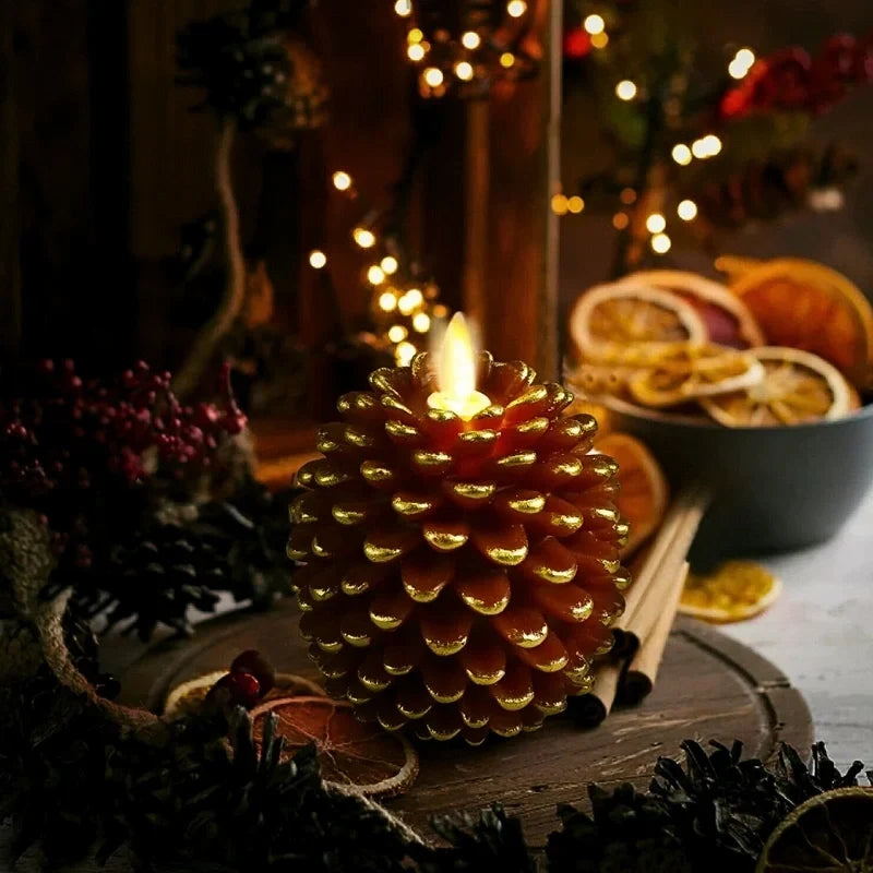 Flameless pinecone candles with natural finishes, featuring LED lights for elegant home decor, sold in a 2 pack. 0