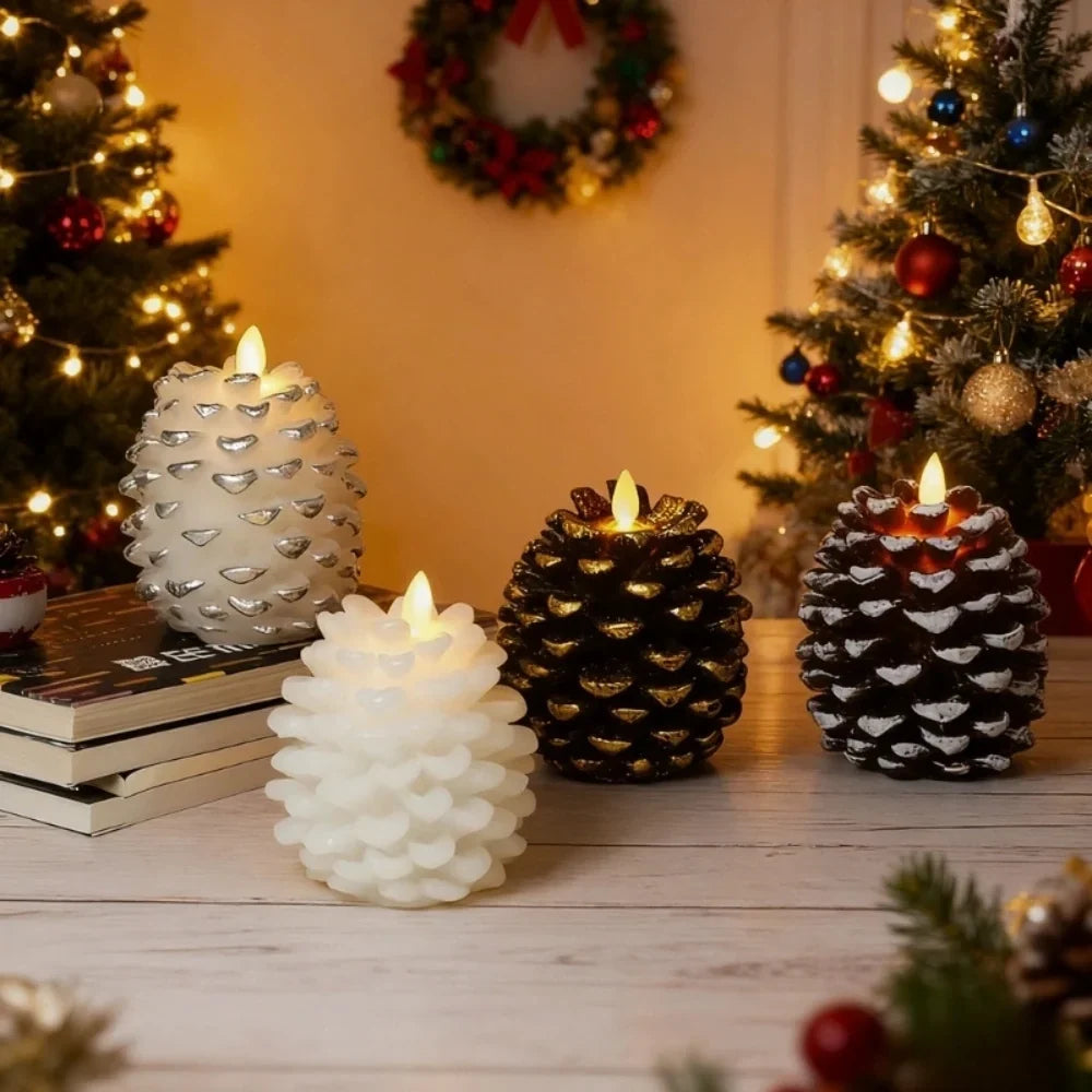 Flameless pinecone candles with natural finishes, featuring LED lights for elegant home decor, sold in a 2 pack. 1