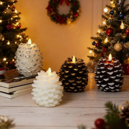 Flameless pinecone candles with natural finishes, featuring LED lights for elegant home decor, sold in a 2 pack. 1