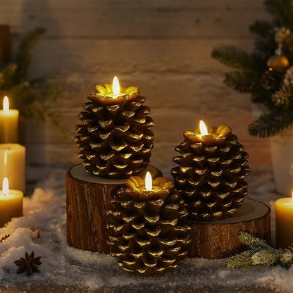Flameless pinecone candles with natural finishes, featuring LED lights for elegant home decor, sold in a 2 pack. 2
