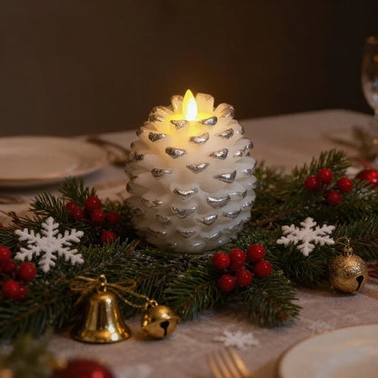 Flameless pinecone candles with natural finishes, featuring LED lights for elegant home decor, sold in a 2 pack. 5