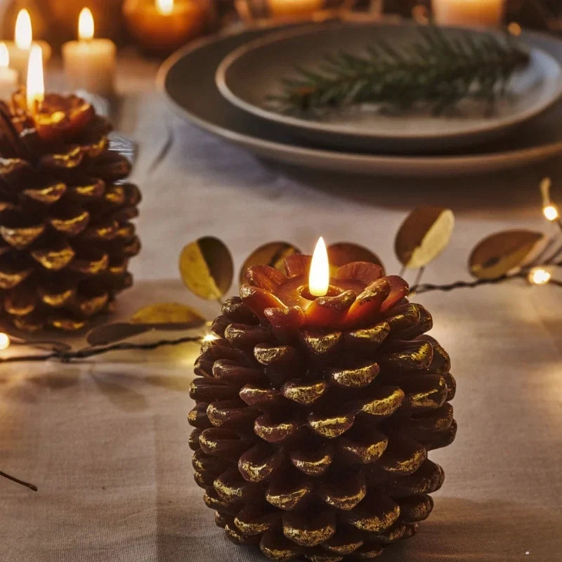 Flameless pinecone candles with natural finishes, featuring LED lights for elegant home decor, sold in a 2 pack. 6