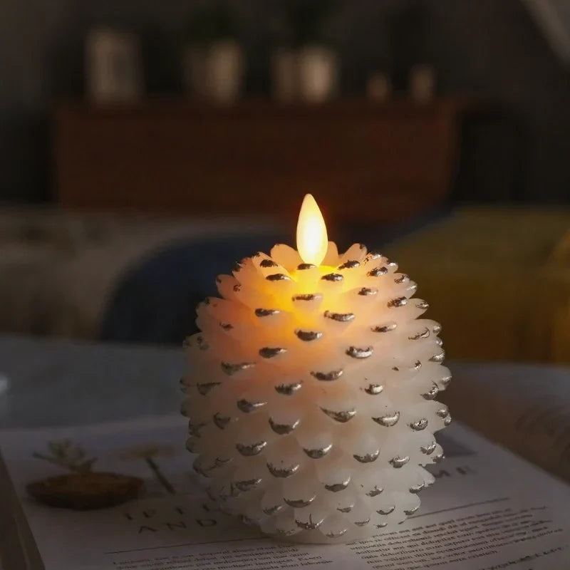 Flameless pinecone candles with natural finishes, featuring LED lights for elegant home decor, sold in a 2 pack. 7