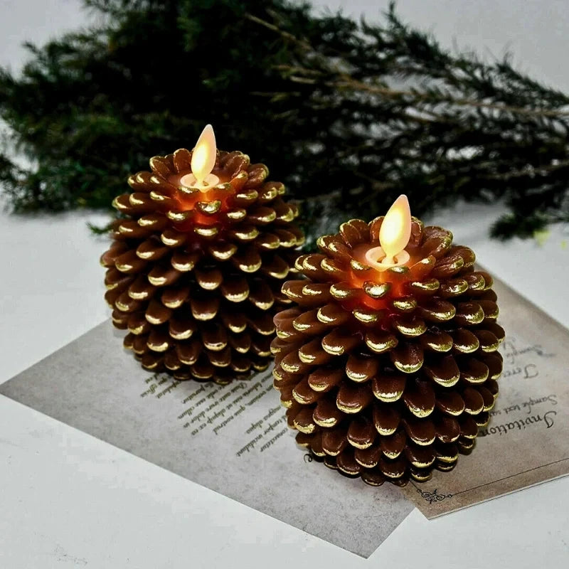 Flameless pinecone candles with natural finishes, featuring LED lights for elegant home decor, sold in a 2 pack. 8