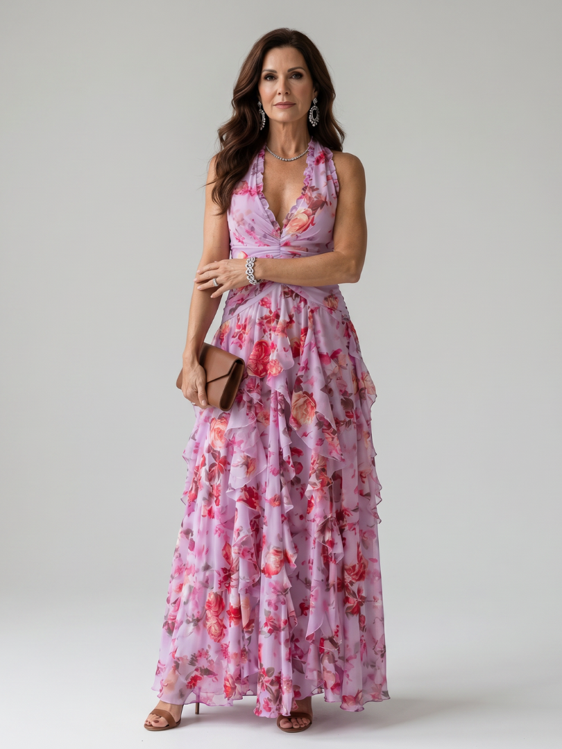 Floral maxi dress with halter neck and ruched bodice, perfect lightweight summer dress for wedding guests, featuring vibrant colors and elegant design. 0