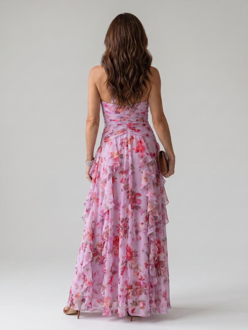 Floral maxi dress with halter neck and ruched bodice, perfect lightweight summer dress for wedding guests, featuring vibrant colors and elegant design. 3