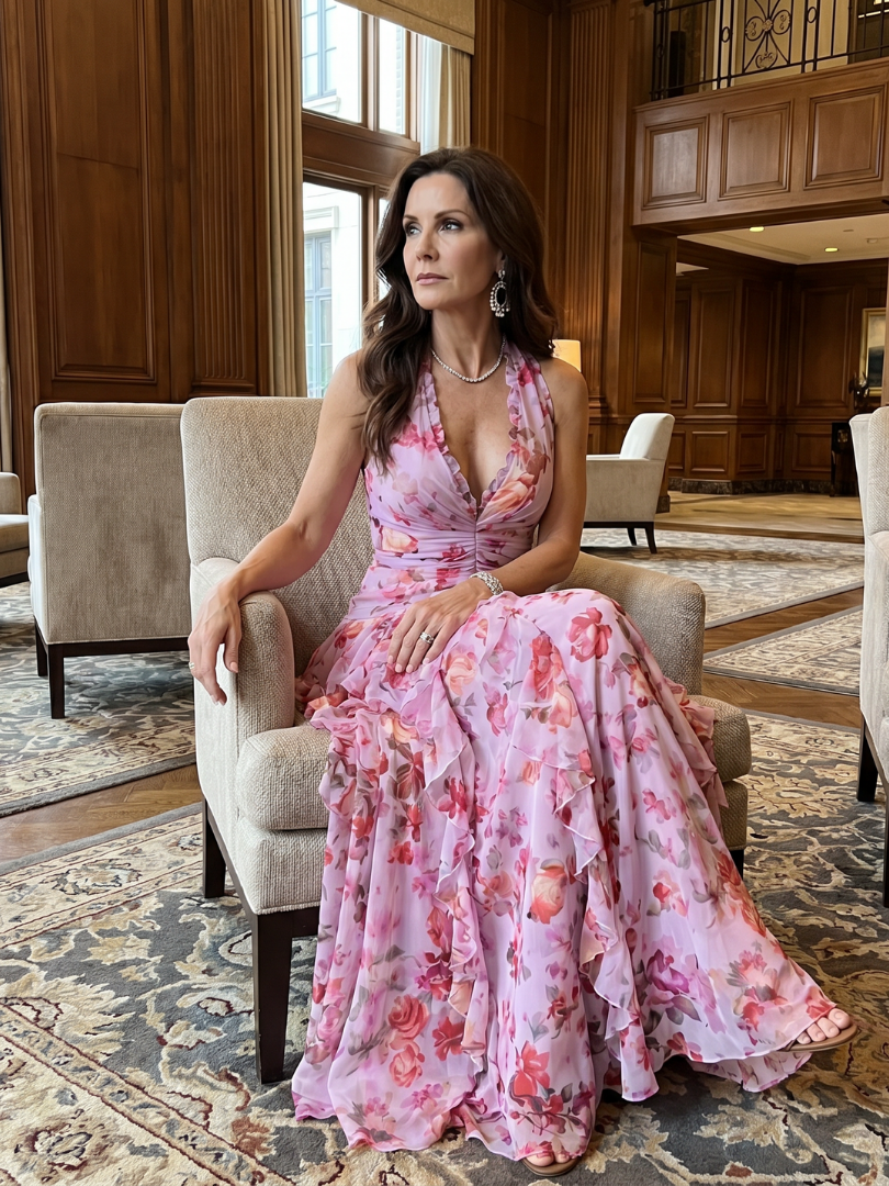 Floral maxi dress with halter neck and ruched bodice, perfect lightweight summer dress for wedding guests, featuring vibrant colors and elegant design. 4