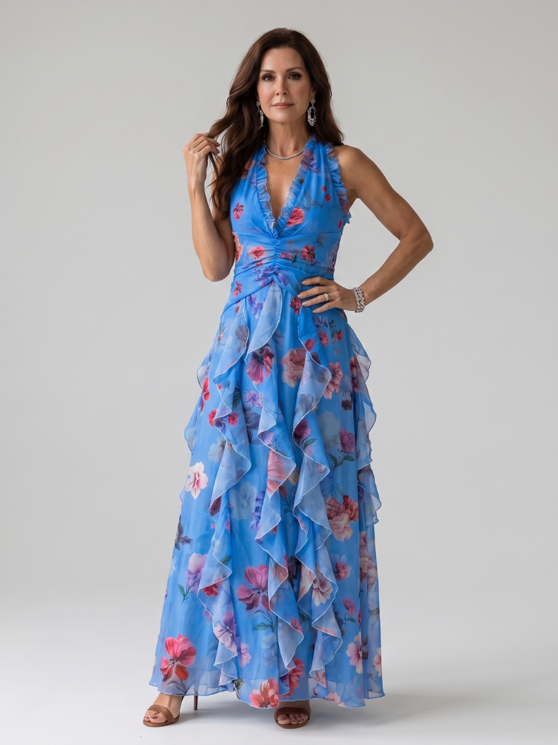 Floral maxi dress with halter neck and ruched bodice, perfect lightweight summer dress for wedding guests, featuring vibrant colors and elegant design. 5