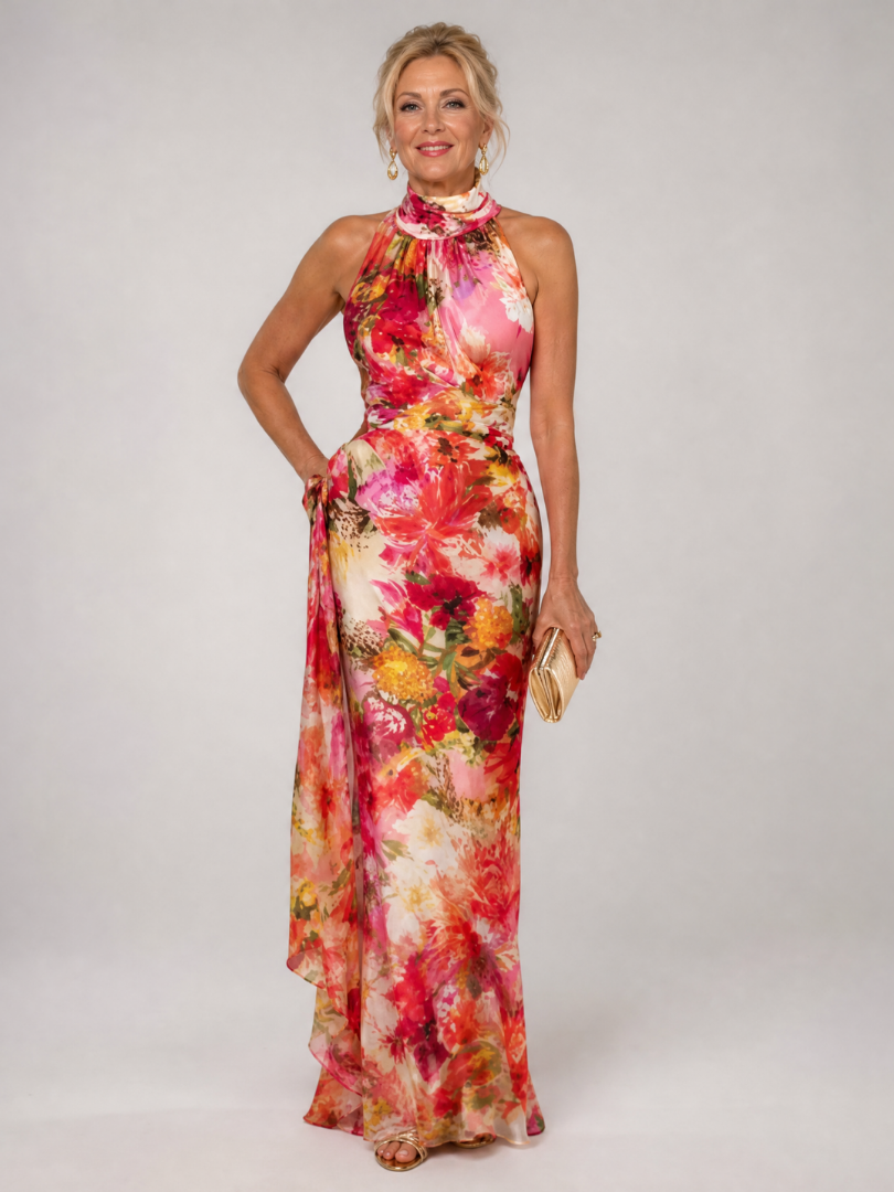 Floral maxi dress featuring a halter neckline and defined waist, designed with a lightweight and elegant fabric, perfect for summer occasions. 0