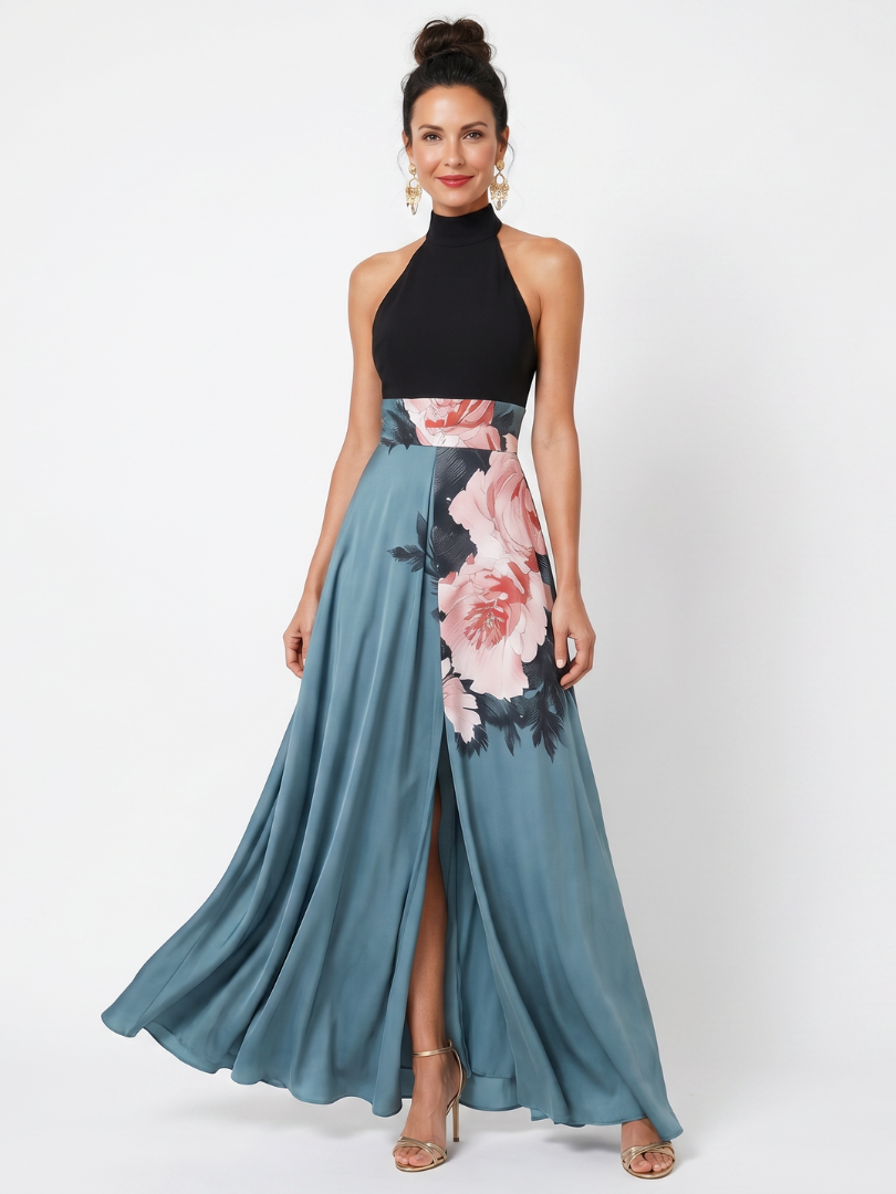 Floral maxi dress with halter neckline and front slit, perfect for elegant evening wear, crafted from smooth fluid fabric. 0