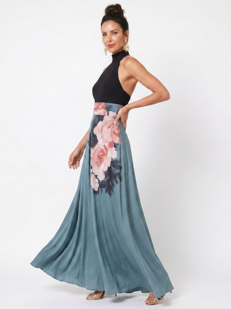 Floral maxi dress with halter neckline and front slit, perfect for elegant evening wear, crafted from smooth fluid fabric. 1