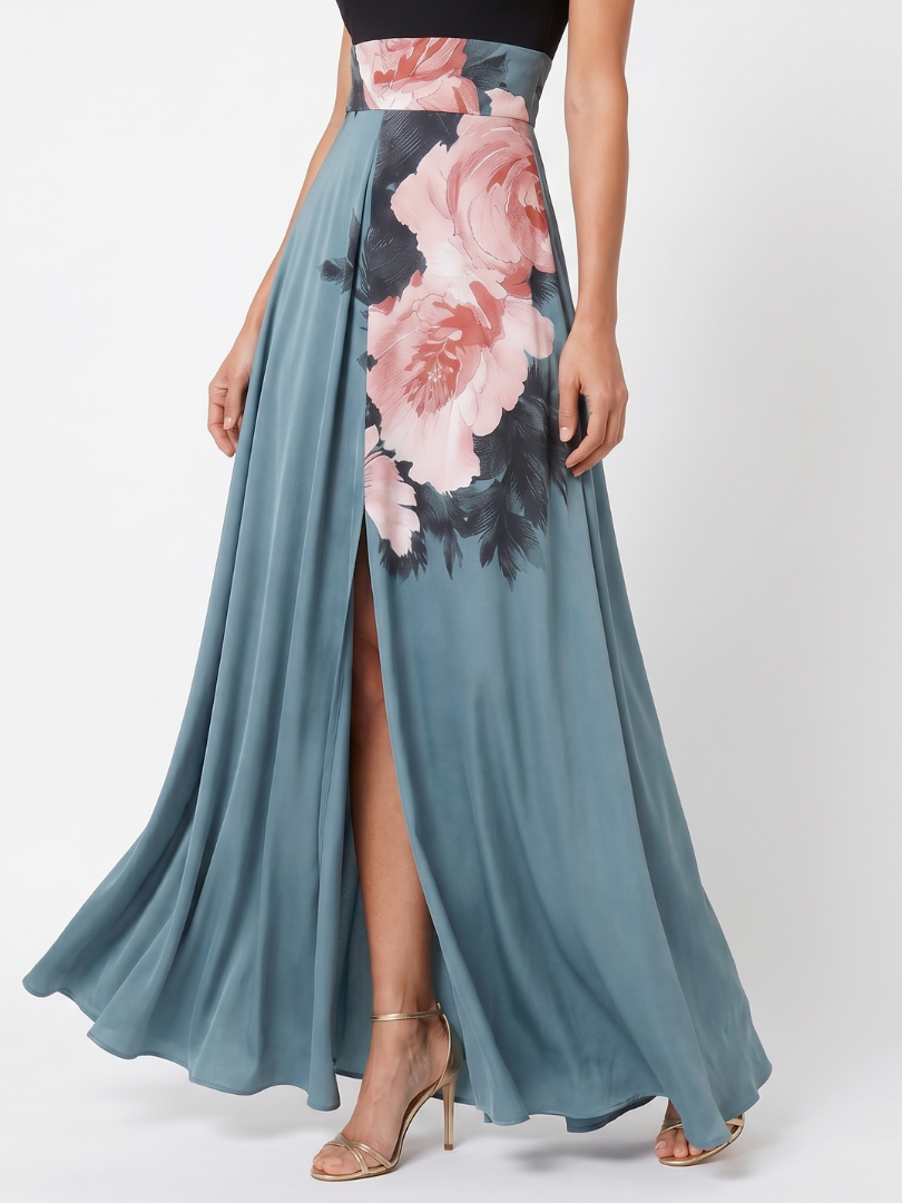 Floral maxi dress with halter neckline and front slit, perfect for elegant evening wear, crafted from smooth fluid fabric. 2