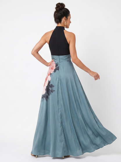 Floral maxi dress with halter neckline and front slit, perfect for elegant evening wear, crafted from smooth fluid fabric. 3
