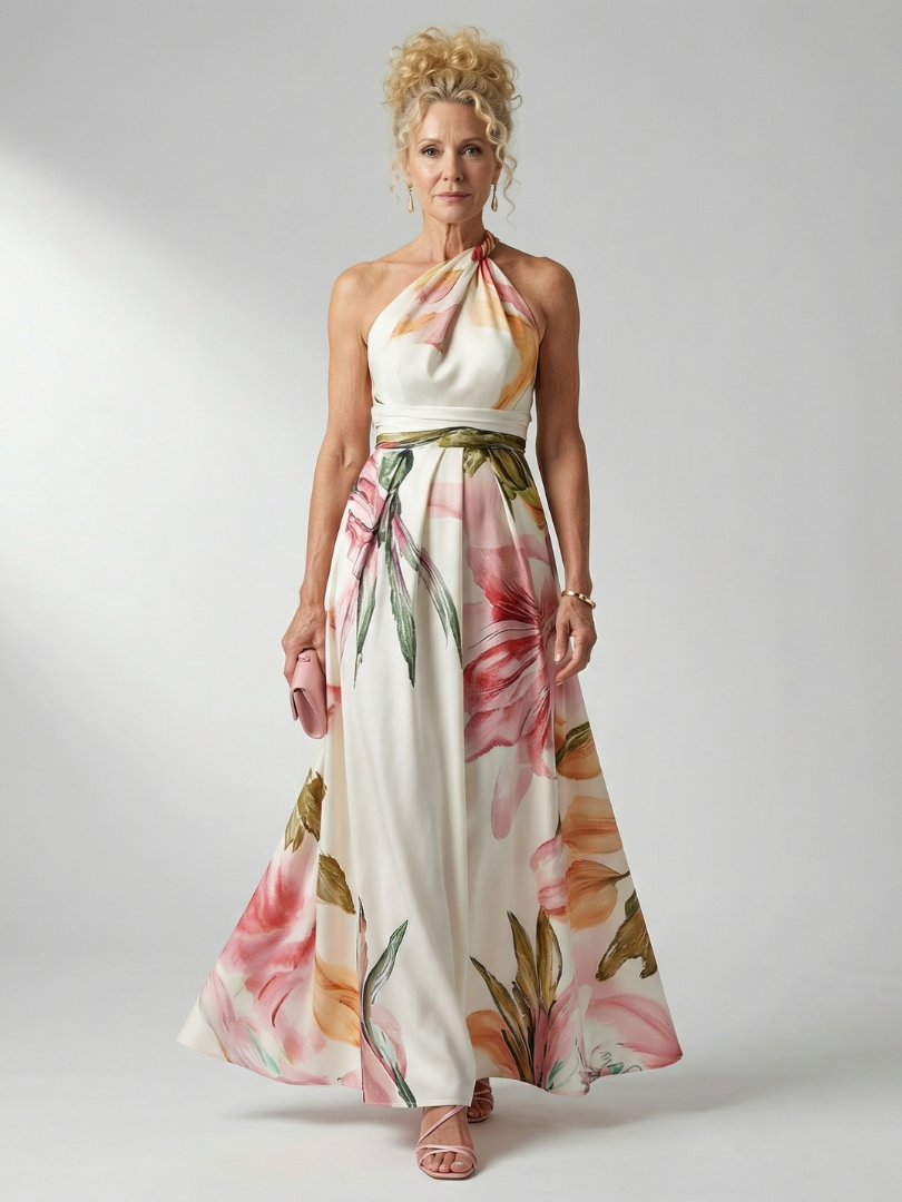 Floral maxi dress featuring a sleeveless halter neckline, perfect for summer weddings, showcasing a lightweight design and vibrant floral patterns. 0