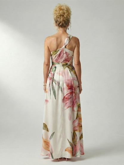 Floral maxi dress featuring a sleeveless halter neckline, perfect for summer weddings, showcasing a lightweight design and vibrant floral patterns. 3