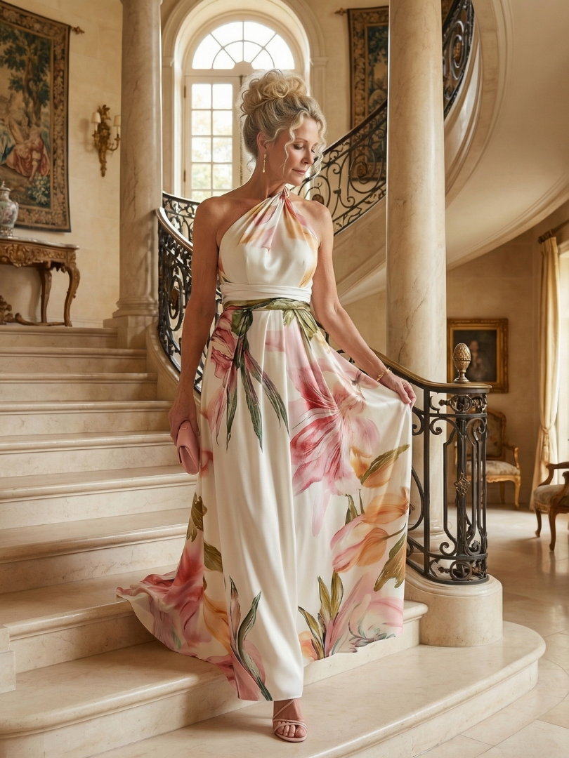 Floral maxi dress featuring a sleeveless halter neckline, perfect for summer weddings, showcasing a lightweight design and vibrant floral patterns. 6