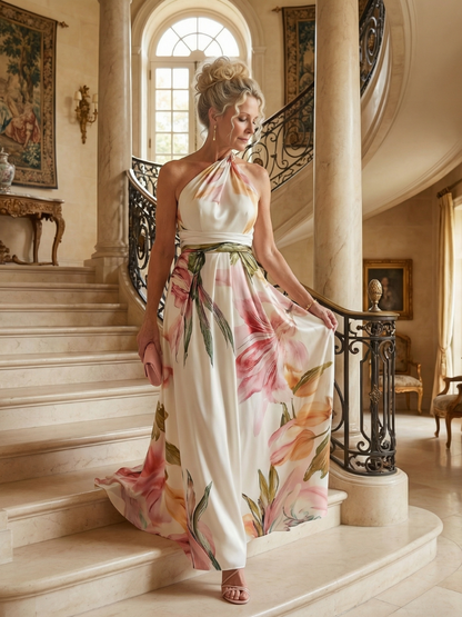 Floral maxi dress featuring a sleeveless halter neckline, perfect for summer weddings, showcasing a lightweight design and vibrant floral patterns. 6