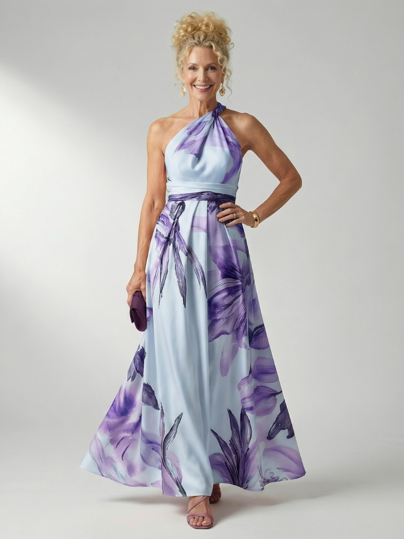 Floral maxi dress featuring a sleeveless halter neckline, perfect for summer weddings, showcasing a lightweight design and vibrant floral patterns. 7