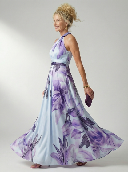 Floral maxi dress featuring a sleeveless halter neckline, perfect for summer weddings, showcasing a lightweight design and vibrant floral patterns. 8