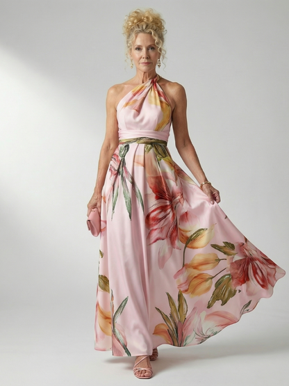 Floral maxi dress featuring a sleeveless halter neckline, perfect for summer weddings, showcasing a lightweight design and vibrant floral patterns. 9