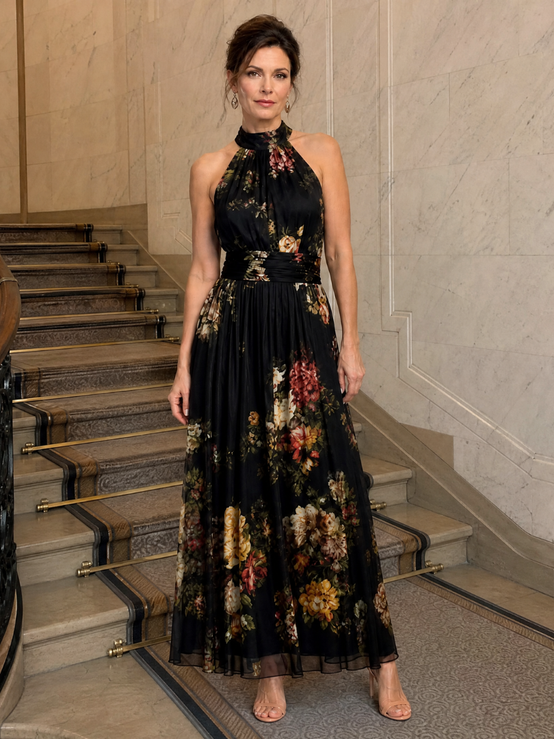 Floral midi dress featuring a defined waist and halter neck, designed for summer weddings, made from lightweight, flowing fabric. 4