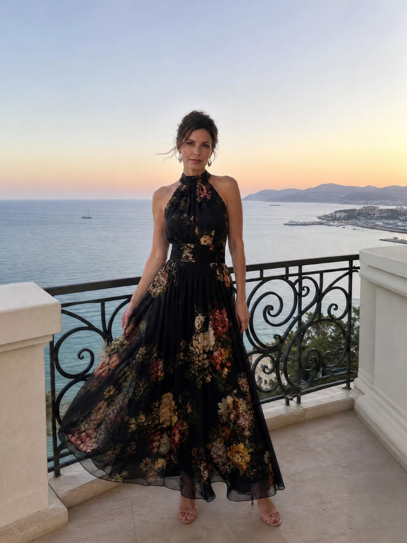Floral midi dress featuring a defined waist and halter neck, designed for summer weddings, made from lightweight, flowing fabric. 5