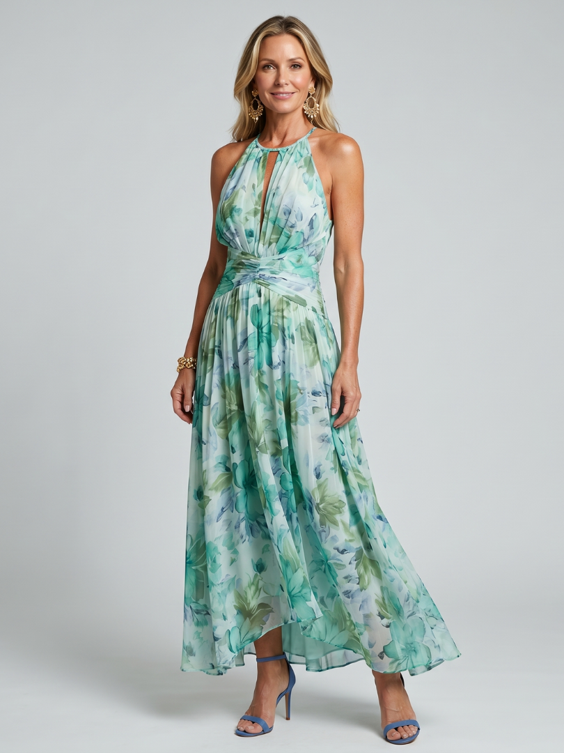 Floral midi dress featuring a pleated design and halter neckline, designed for women, made from lightweight and breathable fabric. 0
