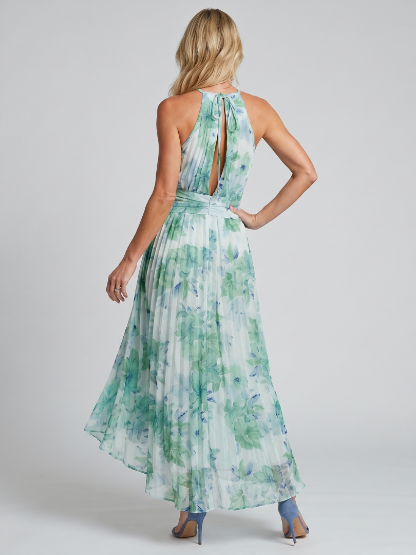 Floral midi dress featuring a pleated design and halter neckline, designed for women, made from lightweight and breathable fabric. 3