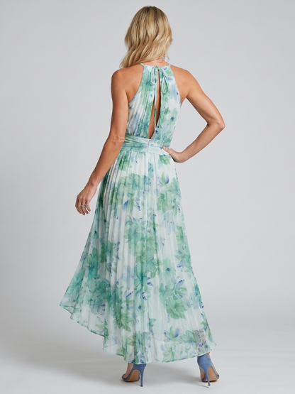 Floral midi dress featuring a pleated design and halter neckline, designed for women, made from lightweight and breathable fabric. 3