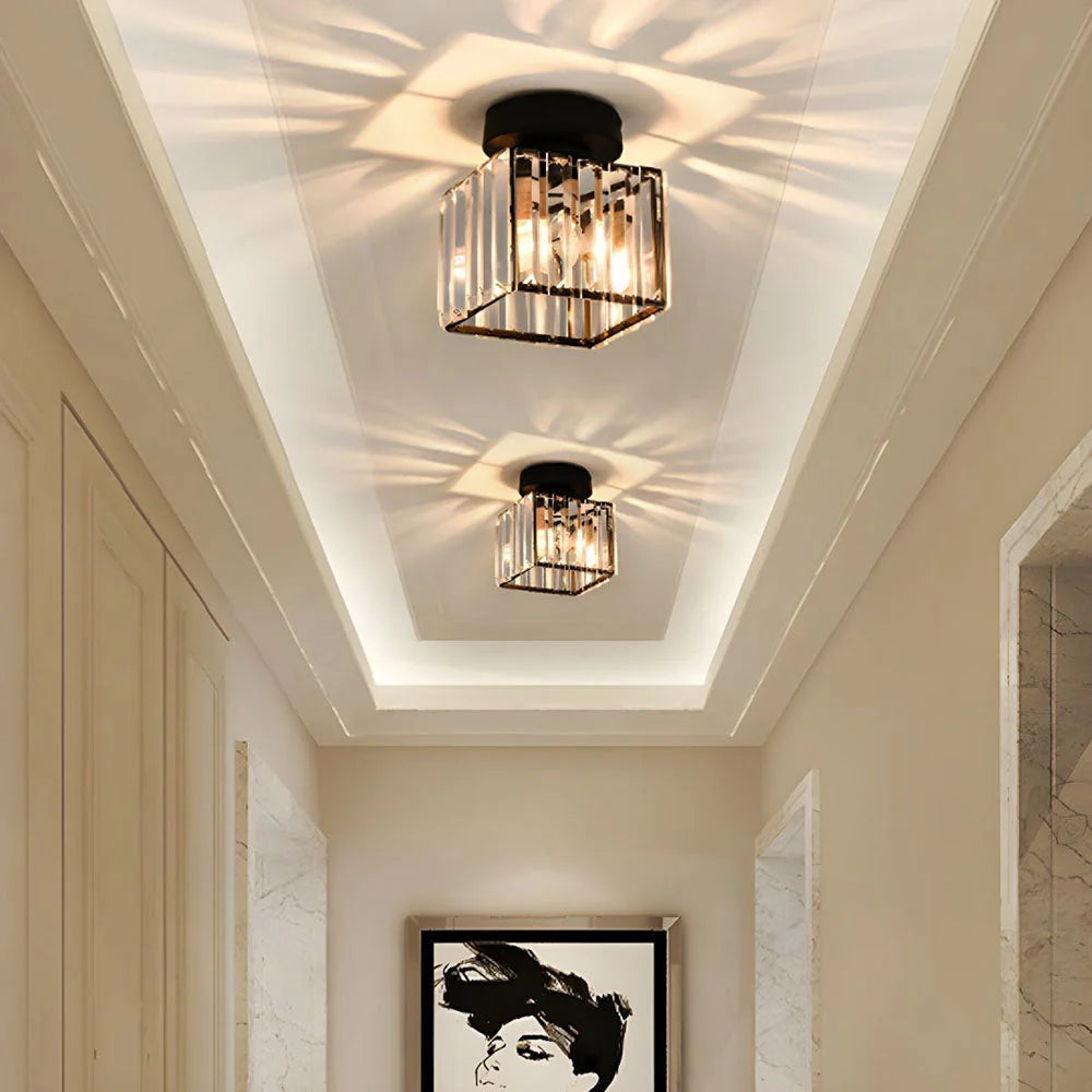 Flush mount ceiling light featuring a crystal glass cover and elegant brass finish, designed in a modern square shape available in gold or black, perfect for stylish home 0