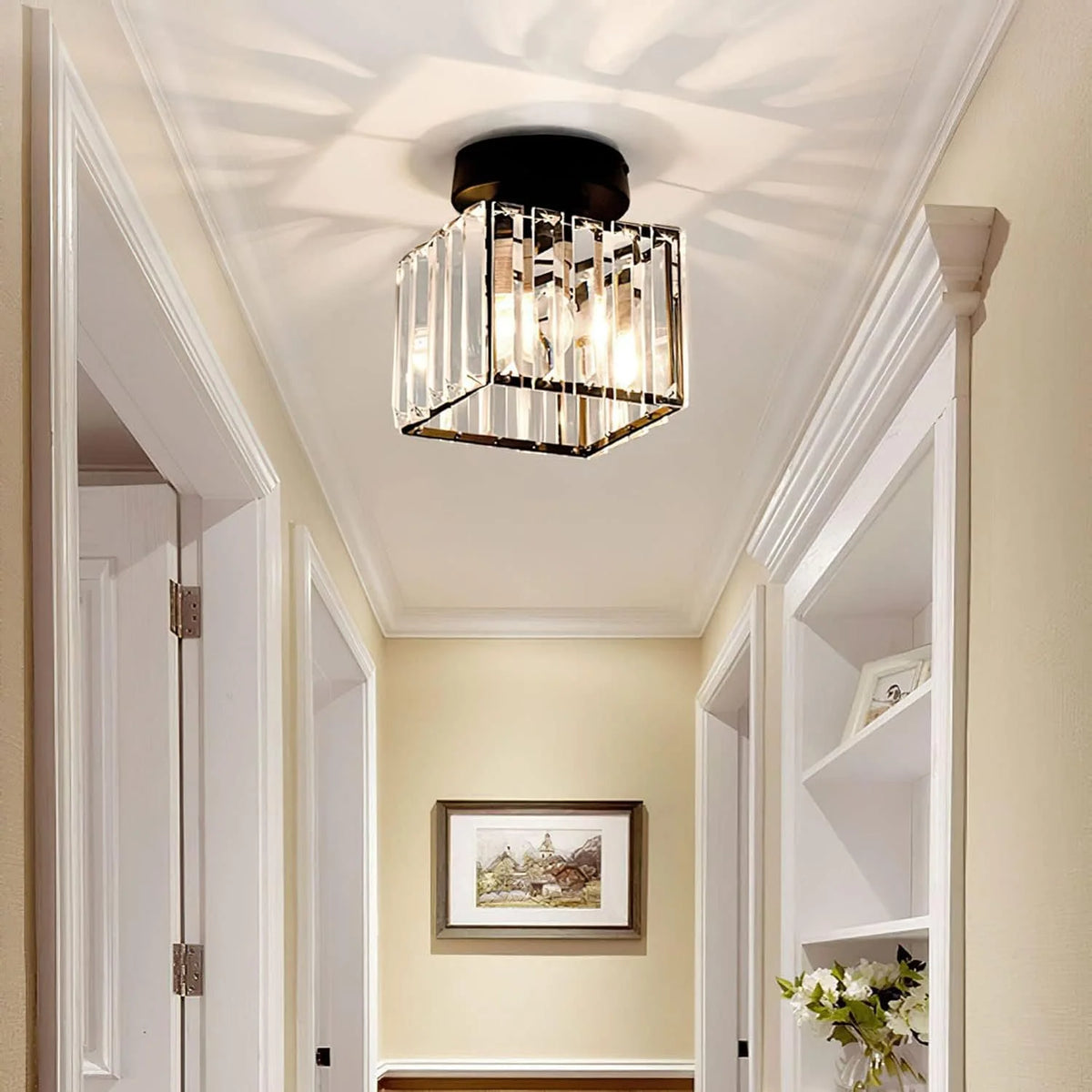 Flush mount ceiling light featuring a crystal glass cover and elegant brass finish, designed in a modern square shape available in gold or black, perfect for stylish home 1