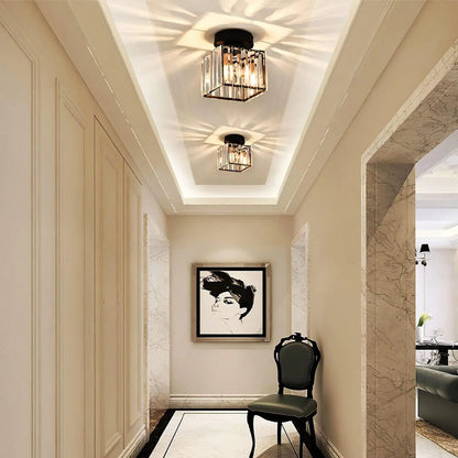 Flush mount ceiling light featuring a crystal glass cover and elegant brass finish, designed in a modern square shape available in gold or black, perfect for stylish home 3