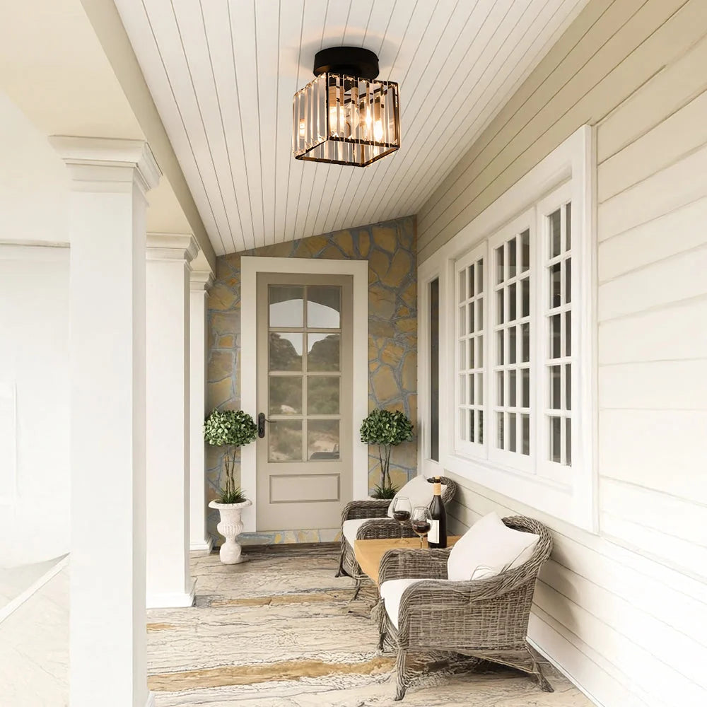 Flush mount ceiling light featuring a crystal glass cover and elegant brass finish, designed in a modern square shape available in gold or black, perfect for stylish home 4