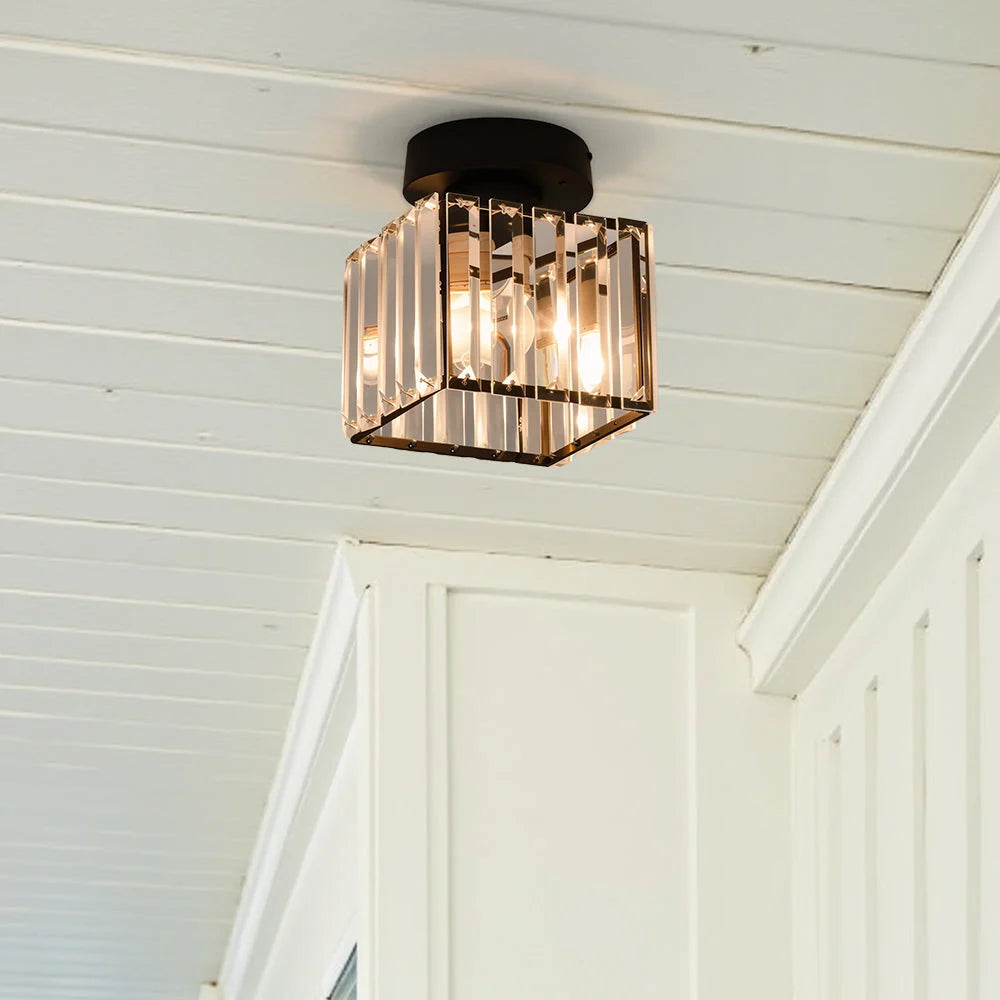 Flush mount ceiling light featuring a crystal glass cover and elegant brass finish, designed in a modern square shape available in gold or black, perfect for stylish home 5