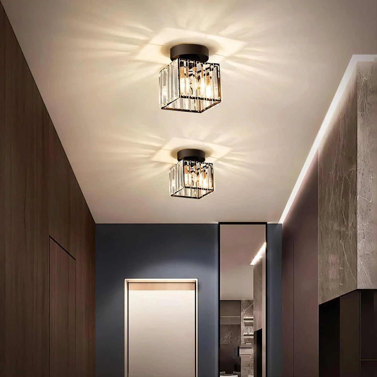 Flush mount ceiling light featuring a crystal glass cover and elegant brass finish, designed in a modern square shape available in gold or black, perfect for stylish home 6