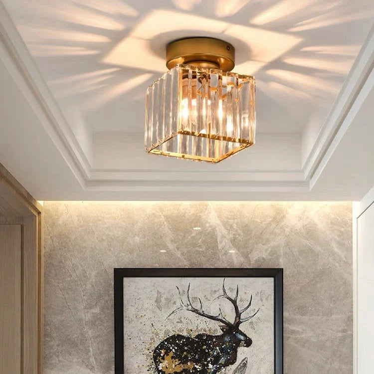 Flush mount ceiling light featuring a crystal glass cover and elegant brass finish, designed in a modern square shape available in gold or black, perfect for stylish home 7