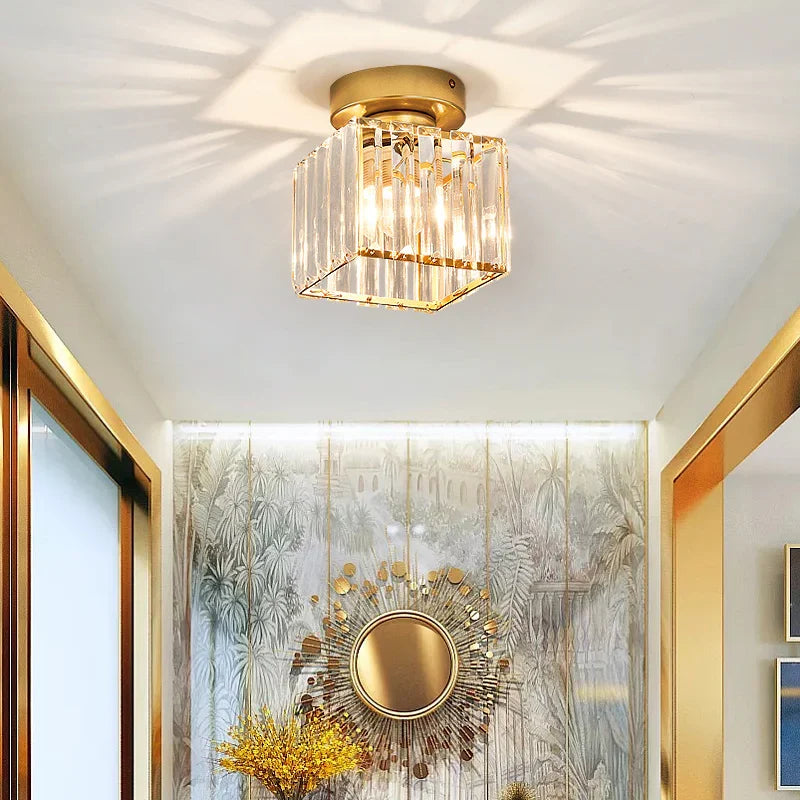 Flush mount ceiling light featuring a crystal glass cover and elegant brass finish, designed in a modern square shape available in gold or black, perfect for stylish home 8