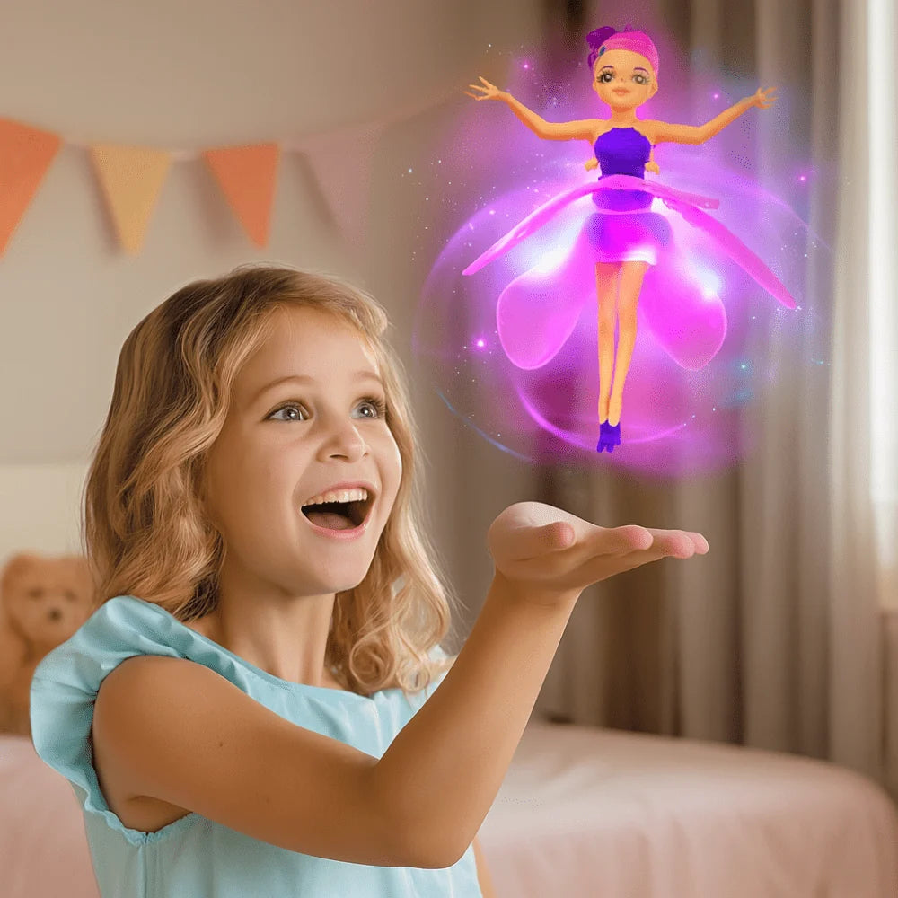Flying Fairy Toy featuring hand sensor control and vibrant LED lights, designed for interactive play; USB rechargeable for convenience. 0