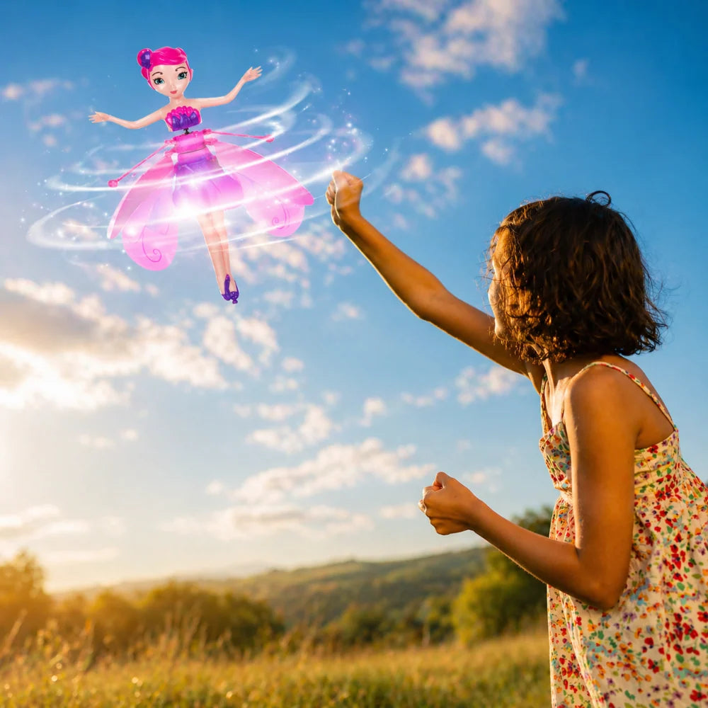 Flying Fairy Toy featuring hand sensor control and vibrant LED lights, designed for interactive play; USB rechargeable for convenience. 1