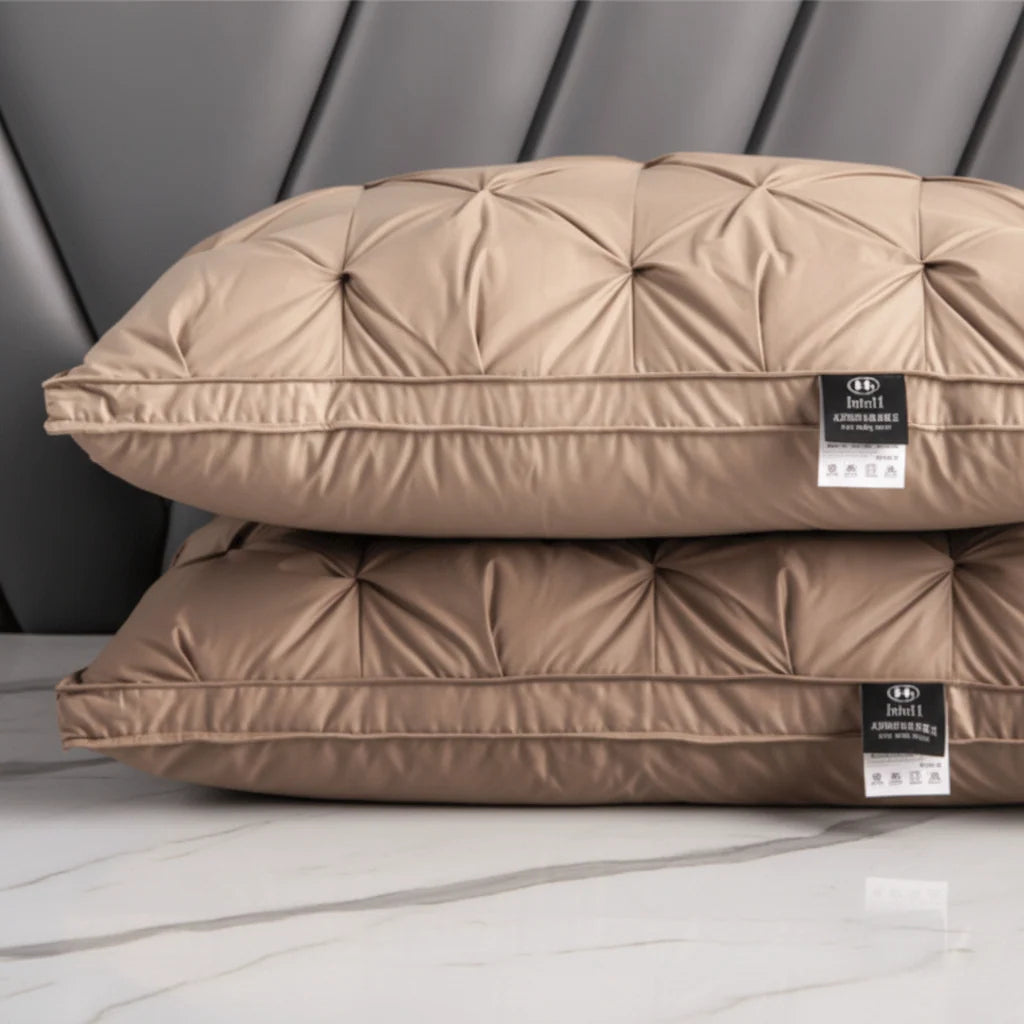 Goose down bed pillow featuring a breathable design, machine-washable for easy care, available in standard size and three colors: white, brown, 2
