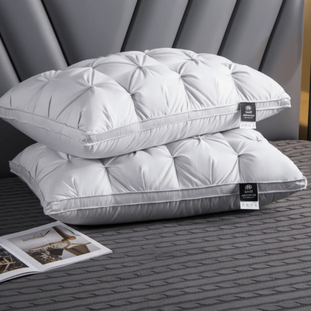 Goose down bed pillow featuring a breathable design, machine-washable for easy care, available in standard size and three colors: white, brown, 3