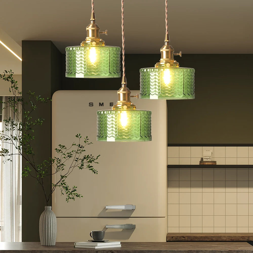 Vintage green glass pendant light with adjustable hanging feature, perfect for kitchen and dining areas, showcasing a stylish design that enhances home decor. 4