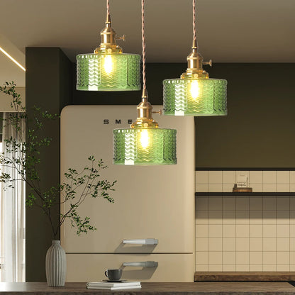Vintage green glass pendant light with adjustable hanging feature, perfect for kitchen and dining areas, showcasing a stylish design that enhances home decor. 4