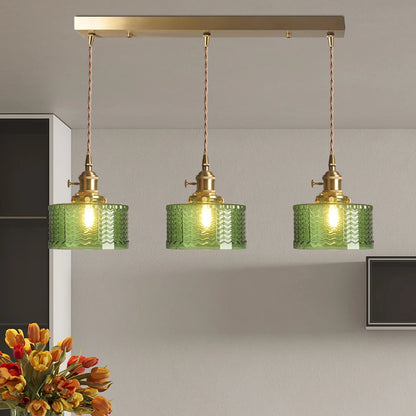 Vintage green glass pendant light with adjustable hanging feature, perfect for kitchen and dining areas, showcasing a stylish design that enhances home decor. 5