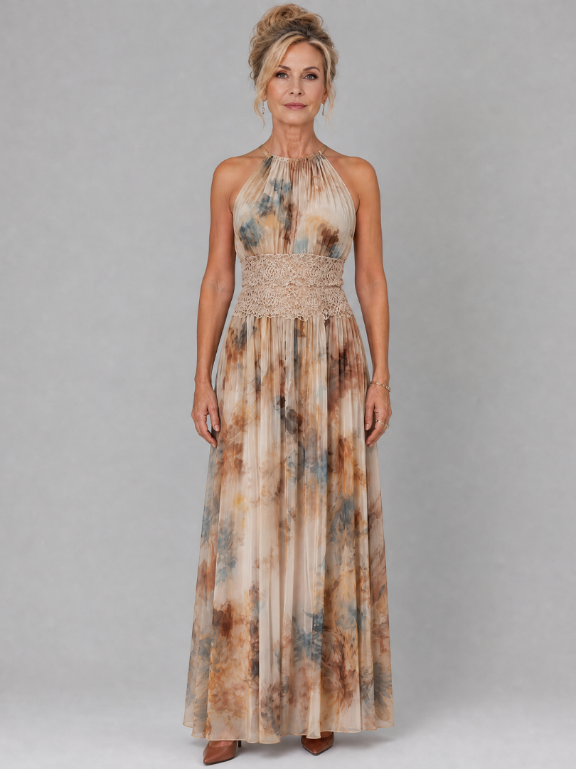 Halter neck maxi dress featuring a delicate lace waist and soft watercolor print, perfect for women seeking a lightweight and flowing long dress for casual or formal occasions 0