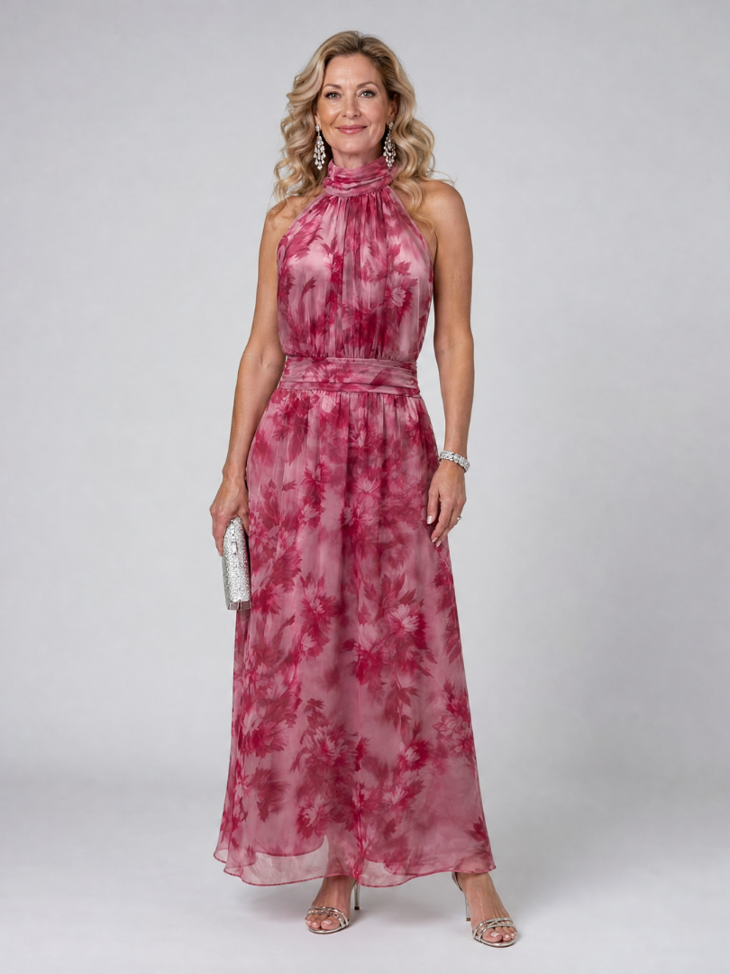 Halter neck midi dress with defined waist, made from lightweight fabric, perfect for wedding guests and summer events. 0