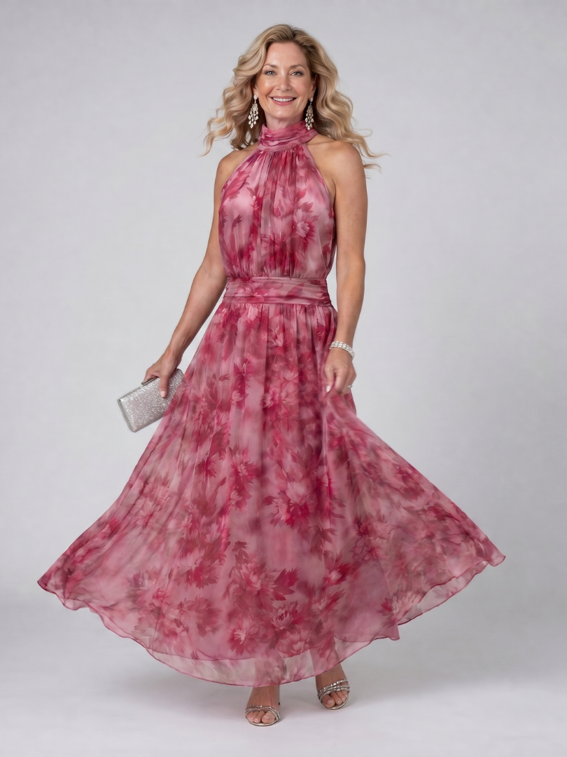 Halter neck midi dress with defined waist, made from lightweight fabric, perfect for wedding guests and summer events. 1