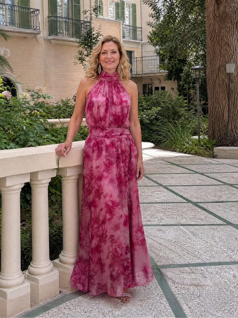 Halter neck midi dress with defined waist, made from lightweight fabric, perfect for wedding guests and summer events. 5